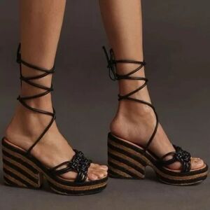 Anthropologie Raffia Espadrille Wedge Platform Ankle Wrap Sandals Black Tan 39